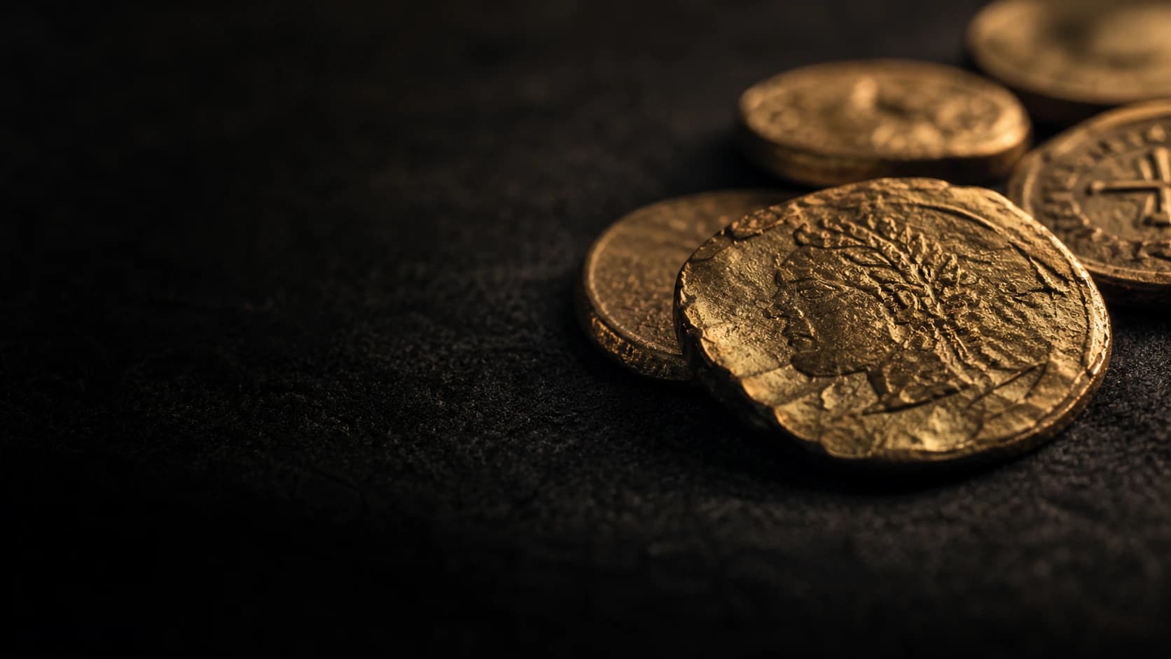 AI-generated editorial still life of historical gold coins on an archival surface
