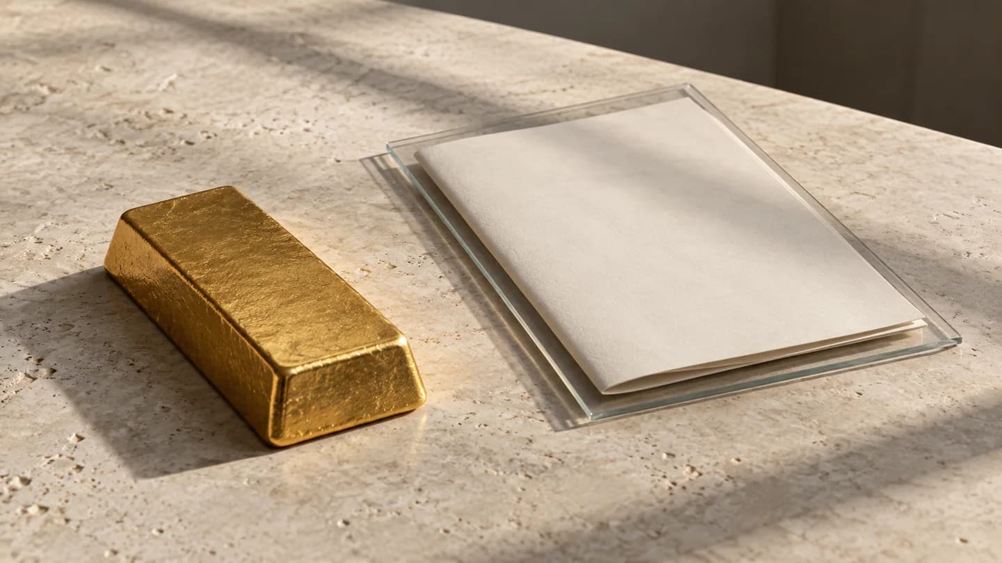 AI-generated editorial still life of an unbranded gold bar beside a blank archival document in glass