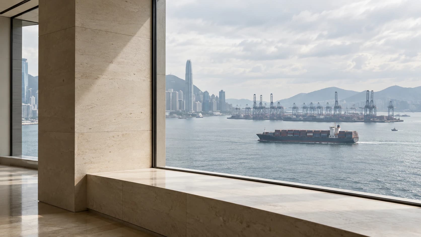 AI-generated editorial illustration of a harbour viewed through quiet financial-district architecture
