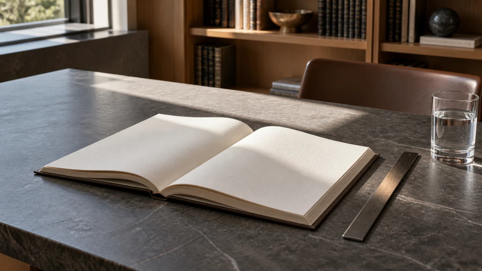 AI-generated editorial still life of an open blank folio on a quiet reading table