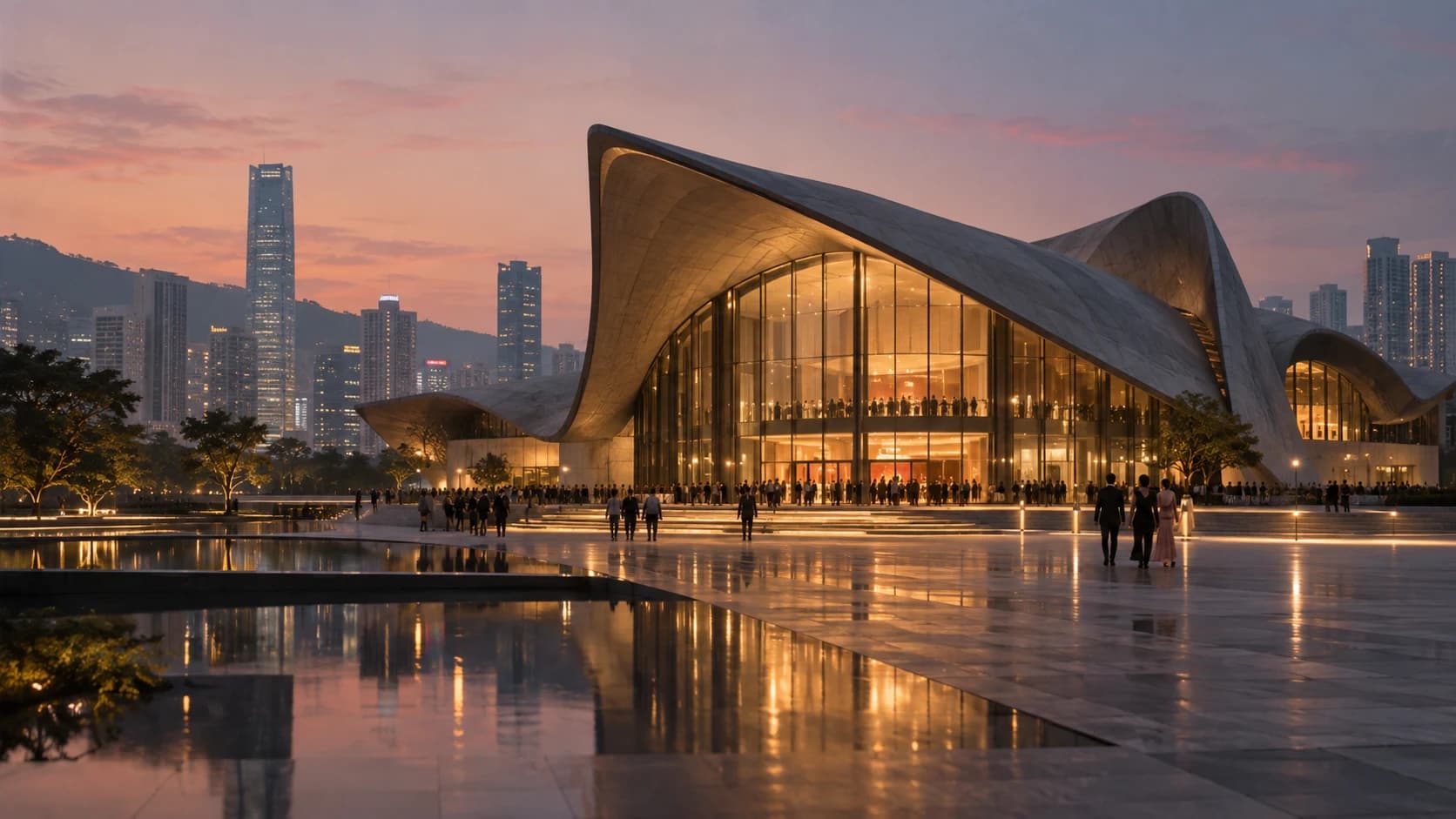 Architectural illustration of a cultural venue beside a city waterfront at dusk