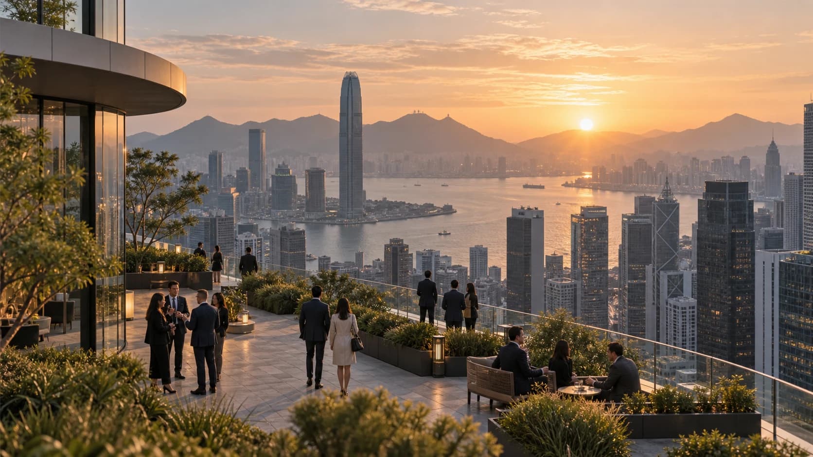 Professionals on a planted terrace overlooking a financial district in the morning light.