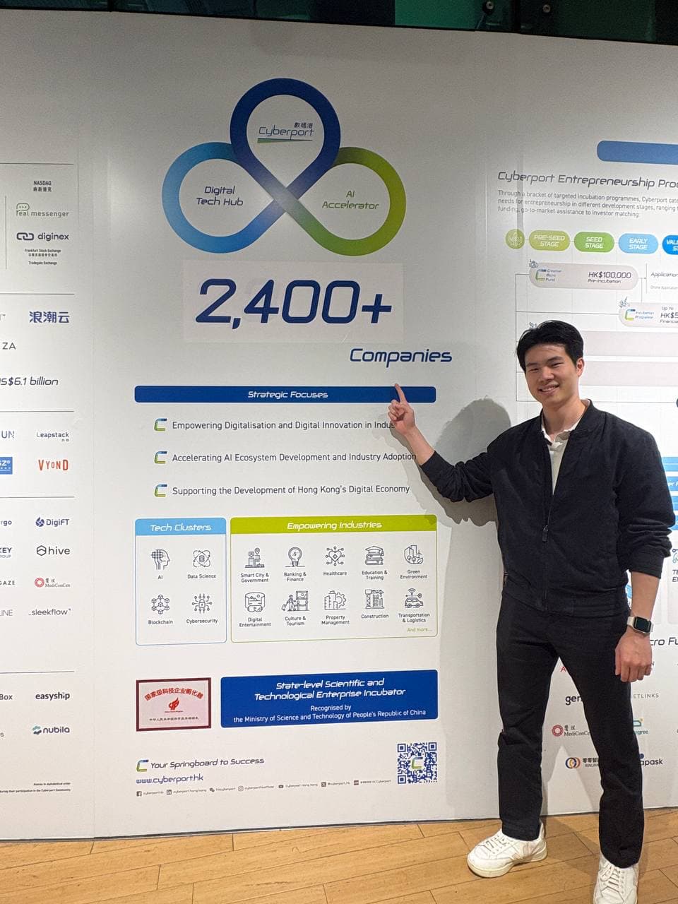 Tony Chang at Cyberport beside its technology ecosystem display
